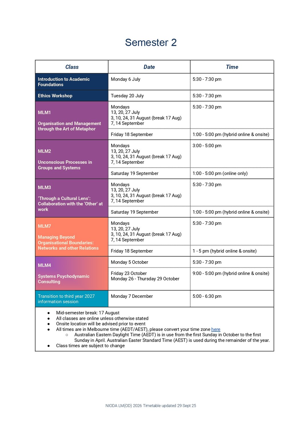 Timetable Semester 2